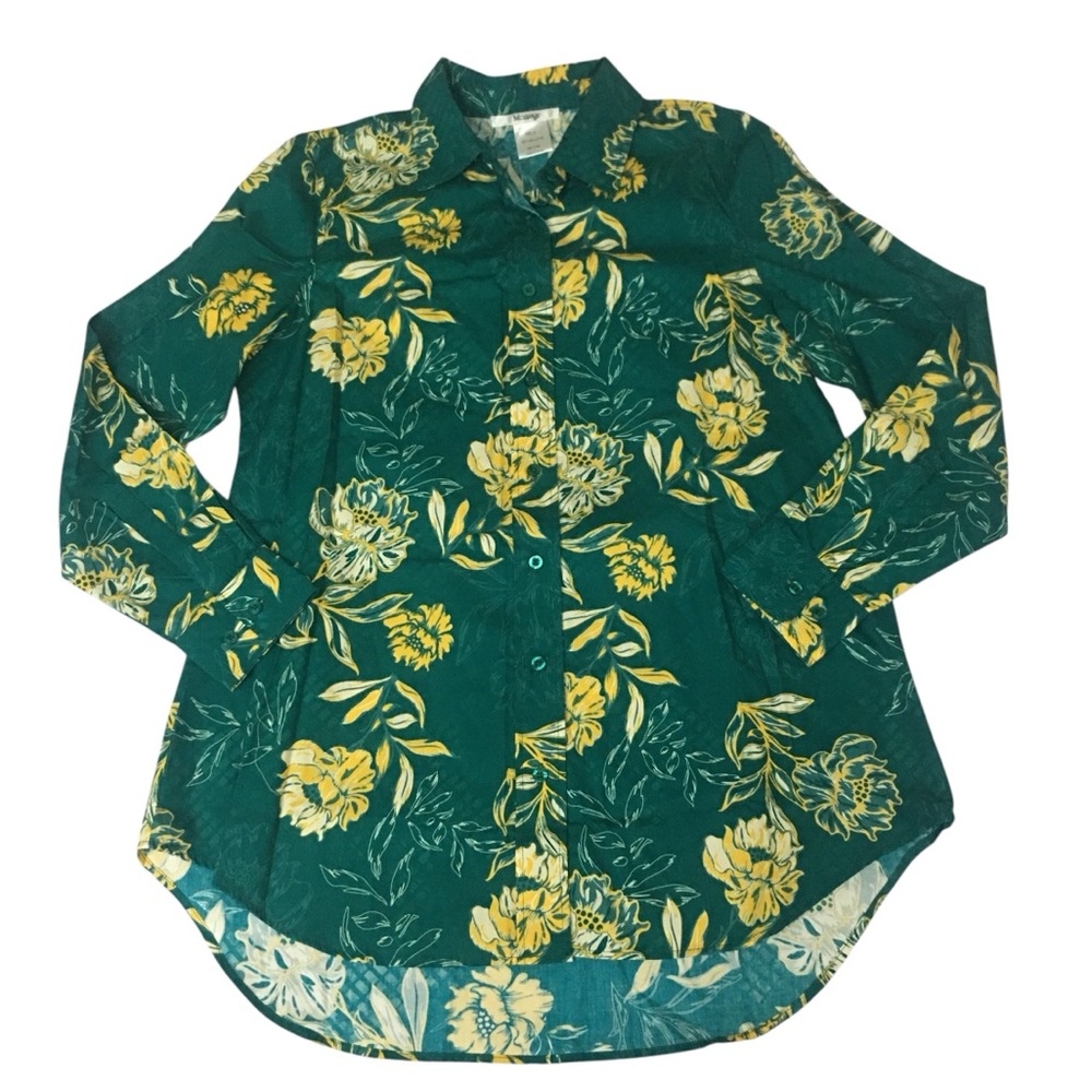 Masseys Green Yellow Floral Button Down Tunic Top Shirt - Women’s 12 NWOT